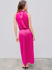 Satin Stand Collar Bowknot Top & Split Maxi Skirt