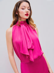 Satin Stand Collar Bowknot Top & Split Maxi Skirt