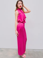 Satin Stand Collar Bowknot Top & Split Maxi Skirt