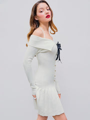 Off-shoulder Bowknot Pleated Knitted Mini Dresses