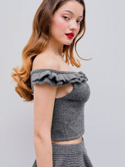Off-Shoulder Solid Knitted Crop Short Sleeve Top