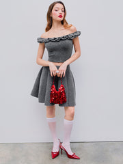Off-Shoulder Solid Knitted Crop Short Sleeve Top