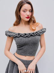 Off-Shoulder Solid Knitted Crop Short Sleeve Top
