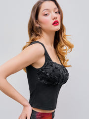 Rib Knit Rose Lace Crop Top