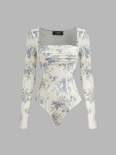 Square Neck Floral Ruched Corset Bodysuit