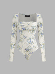 Square Neck Floral Ruched Corset Bodysuit