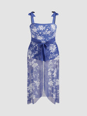Square Neck Bowknot Floral One Piece Swimsuit & Sarong Curve & Plus