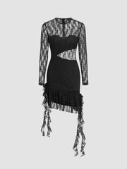 Lace Round Neck Floral Ruffle Mini Dress