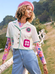 Collar Lace Trim Floral Graphic Button Crop Blouse
