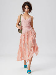 Ruched Ruffle Hem Backless Maxi Dress