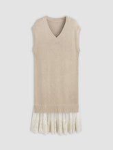 Knitted V-neck Tulle Patchy Ruffle Hem Midi Dress