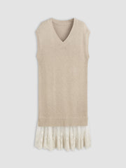 Knitted V-neck Tulle Patchy Ruffle Hem Midi Dress