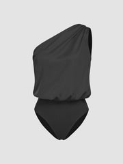 Satin Asymmetrical Neck Solid Bodysuit