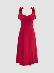 Linen-blend Scoop Neckline Bowknot Shirred Split Solid Midi Dress