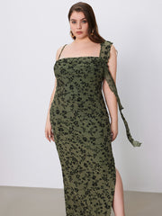 Mesh Asymmetrical Neck Ruffle Hem Floral Maxi Dress Curve & Plus