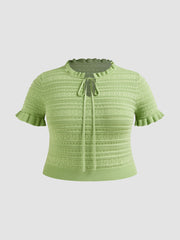Knitted Round Neckline Lettuce Trim Knotted Short Sleeve Top Curve & Plus
