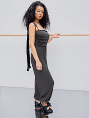 Square Neck Bowknot Ruched Drawstring Jumpsuit