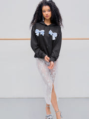 Lace Bowknot Detachable Drawstring Hoodie