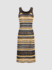 Knitted Scoop Neck Striped Crochet Midi Dress