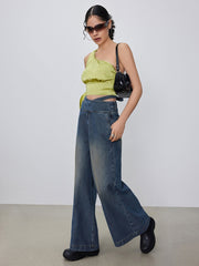 Satin Asymmetrical Neck Knotted Crop Top