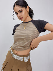 Round Neckline Striped Short Raglan Sleeve Tee