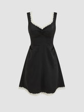 Satin V-neck Solid Bowknot Contrasting Lace Mini Dress