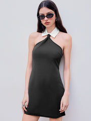 Satin Collar Contrasting Binding Mini Dress