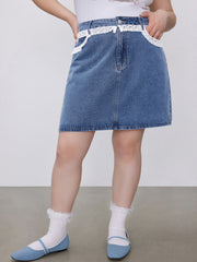 Denim Mid Rise Contrasting Lace Mini Skirt Curve & Plus