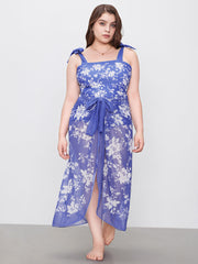 Square Neck Bowknot Floral One Piece Swimsuit & Sarong Curve & Plus