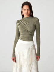 Stand Collar Ruched Long Sleeve Tee