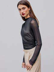Mesh Round Neck Solid Ruched Bodysuit