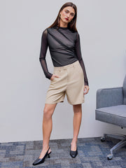 Mesh Round Neck Solid Ruched Bodysuit