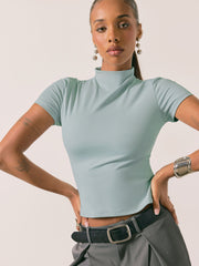 CIDERCONTOUR Double Layered Turtle Neck Solid Short Sleeve Top