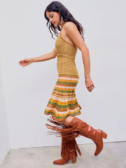 Knitted Halter Striped Ruffle Hem Midi Dress