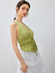 Halter V-neck Knotted Ruched Crop Top