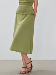 Mid Rise Lettuce Trim Solid Maxi Skirt