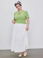 Knitted Round Neckline Lettuce Trim Knotted Short Sleeve Top Curve & Plus
