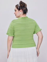 Knitted Round Neckline Lettuce Trim Knotted Short Sleeve Top Curve & Plus