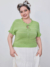 Knitted Round Neckline Lettuce Trim Knotted Short Sleeve Top Curve & Plus