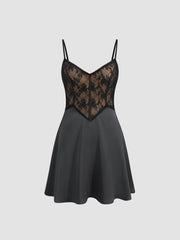 Woven V-neck Lace Zipper Mini Dress