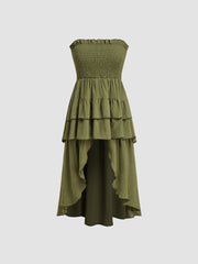 Two Way Strapless Shirred Ruffle Asymmetrical Hem Tube Blouse