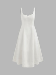 Linen-blend Square Neck Solid Shirred Midi Dress