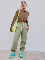 Denim High Rise Solid Pocket Cargo Jogger Jeans