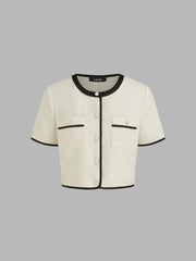 Woven Round Neckline Contrasting Binding Pearl Button Crop Short Sleeve Top