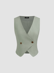 Linen-blend V-neck Solid Button Vest