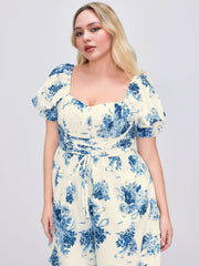Square Neck Puff Sleeve Floral Jumpsuit Curve & Plus