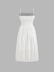Woven Square Neck Corset Ruched Midi Dress