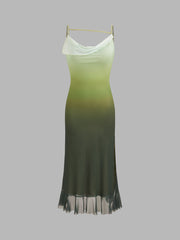 Mesh Cowl Neck Gradient Split Midi Dress