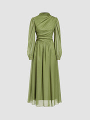 Solid Ruched Puff Sleeve Maxi Dress