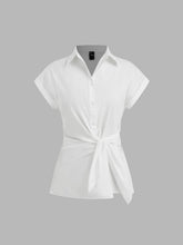 Woven Collar Solid Knotted Short Sleeve Shirt